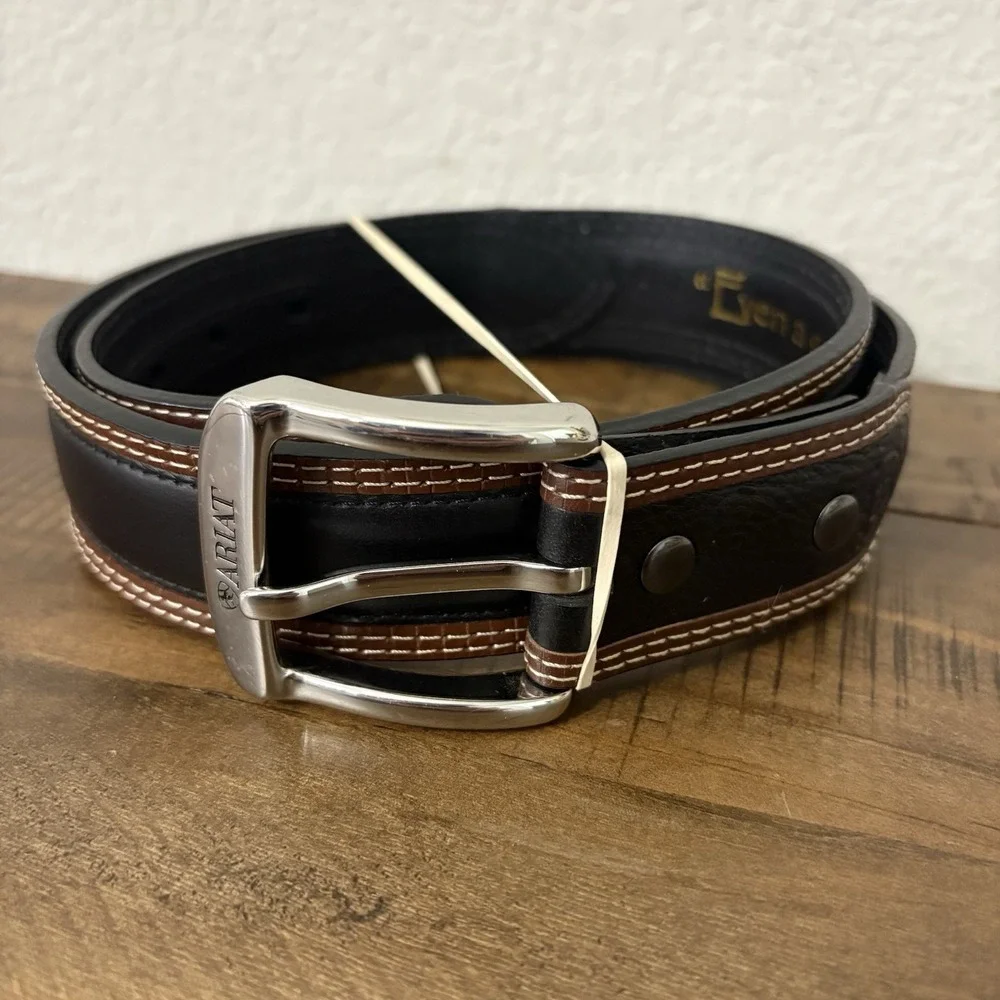ARIAT Men's Black Brown Leather Belt Sz 32 Double Stitch Two Tone Western Cowboy